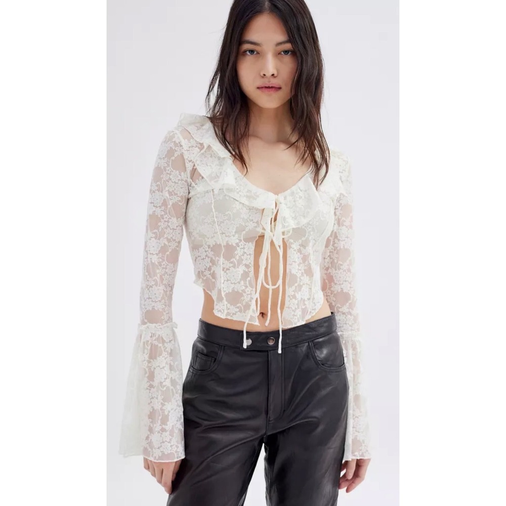 Urban Outfitters S Gossamer Sheer White Lace Tie Front Bell Sleeve Crop Top FLAW